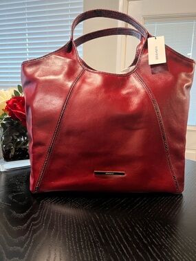 Brahmin Deep Red Leather Tote with Dual Top Handles